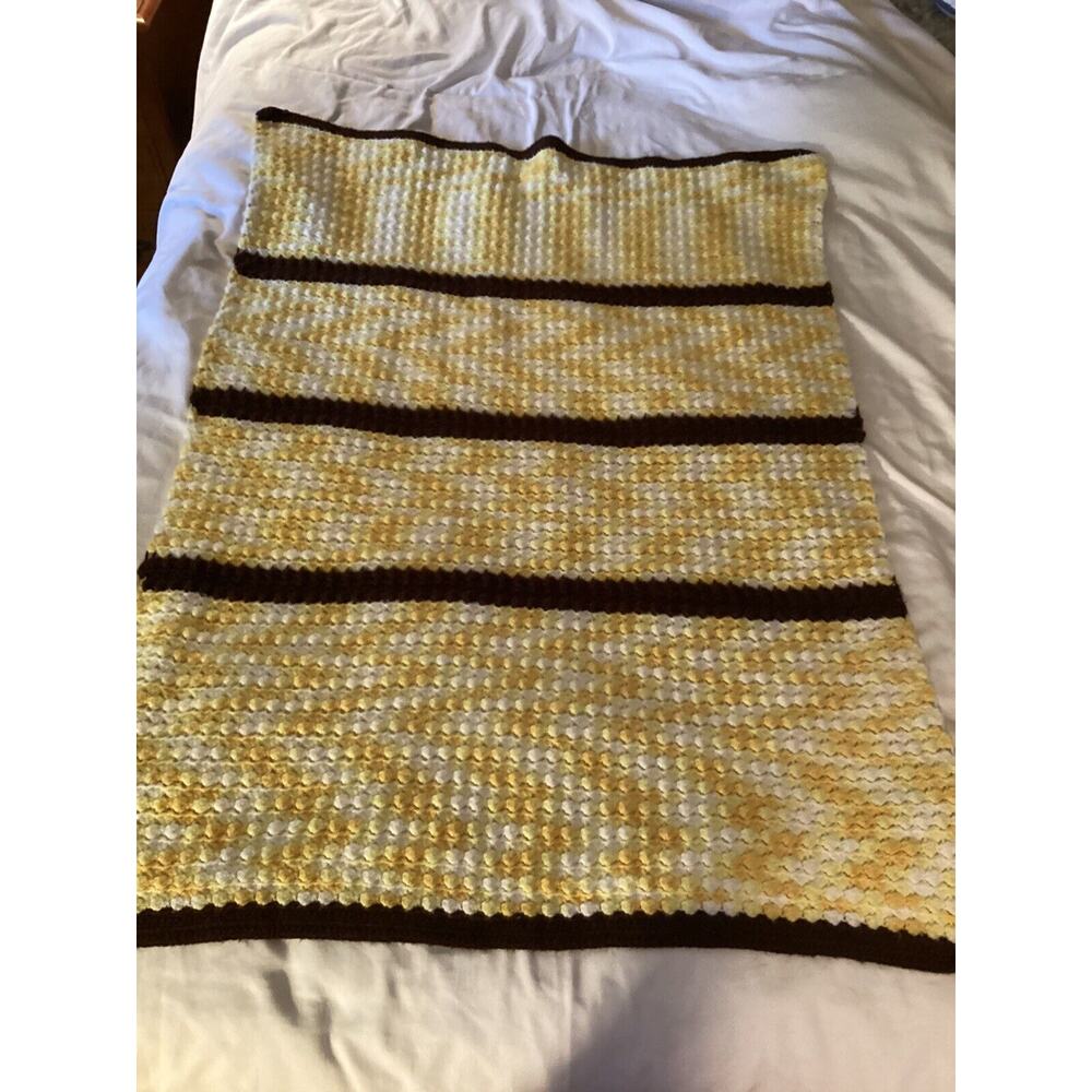Afghan Blanket‎ Throw Crochet Stripes VTG Yellow White Brown 46x35 Unisex